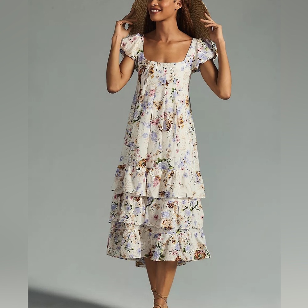 Anthropologie Floral Square Neck Midi Dress size XXS